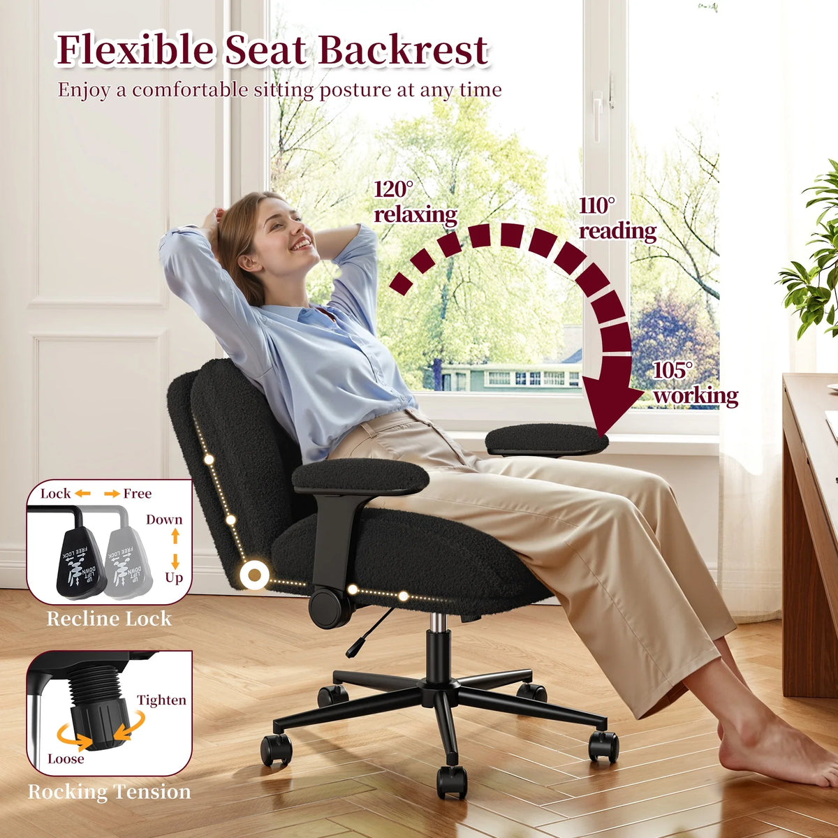 2026 NewRomorgniz Criss Cross Chair with Adjustable Arms & Lumbar Support Office Chair with Reclining Back, Thick Cushion & Wheels for Office, Gaming, Reading, Vanity, Off-White