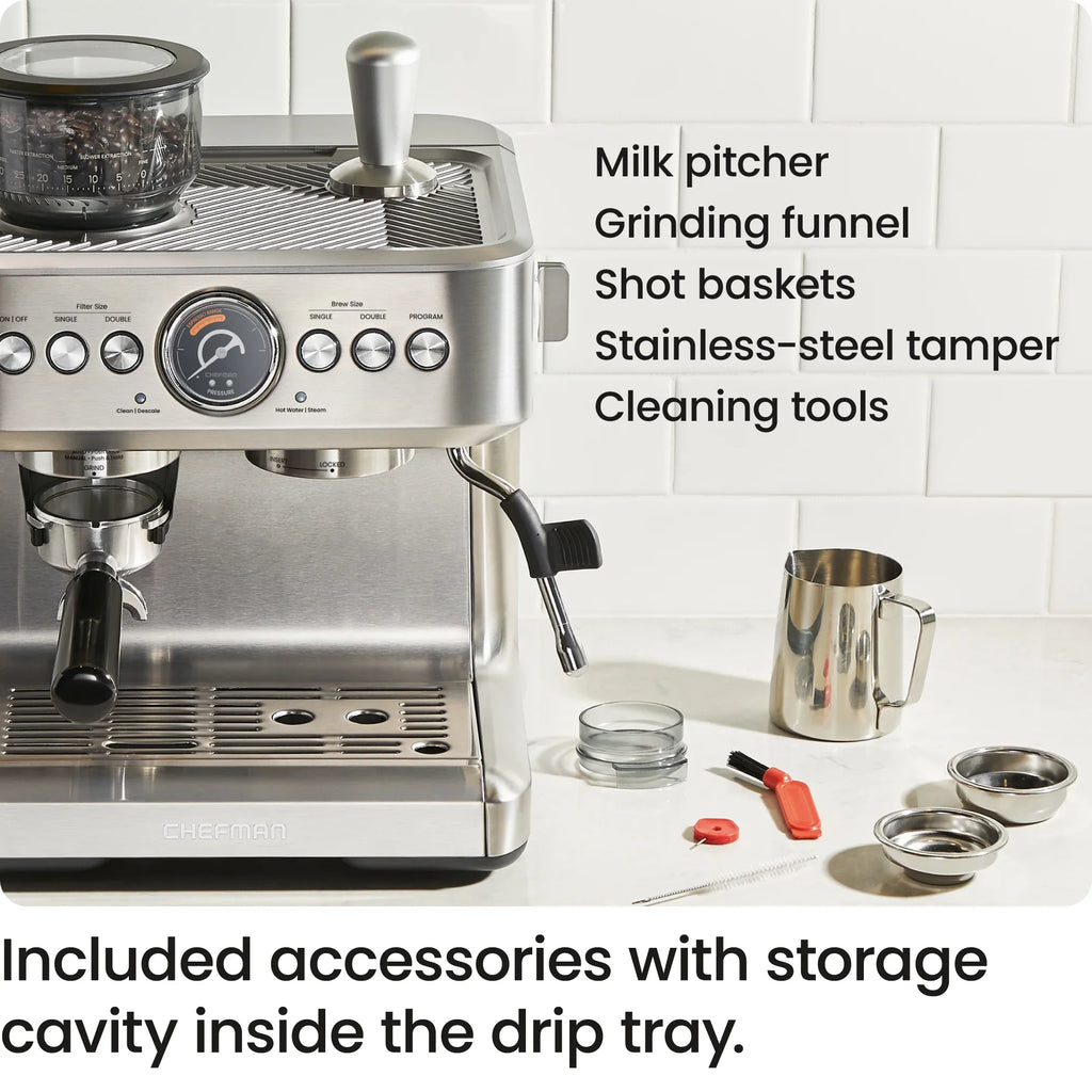 2026 NewChefman Crema Supreme Espresso Machine with Conical Burr Grinder and Steam Wand a. Stainless Steel, New