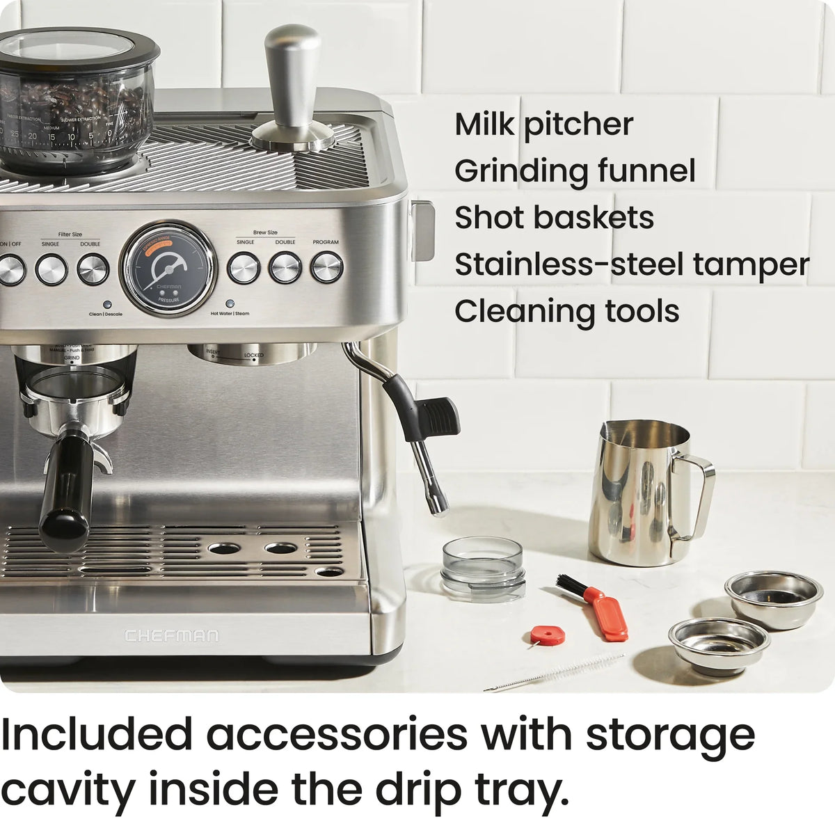 2026 NewChefman Crema Supreme Espresso Machine with Conical Burr Grinder and Steam Wand a. Stainless Steel, New