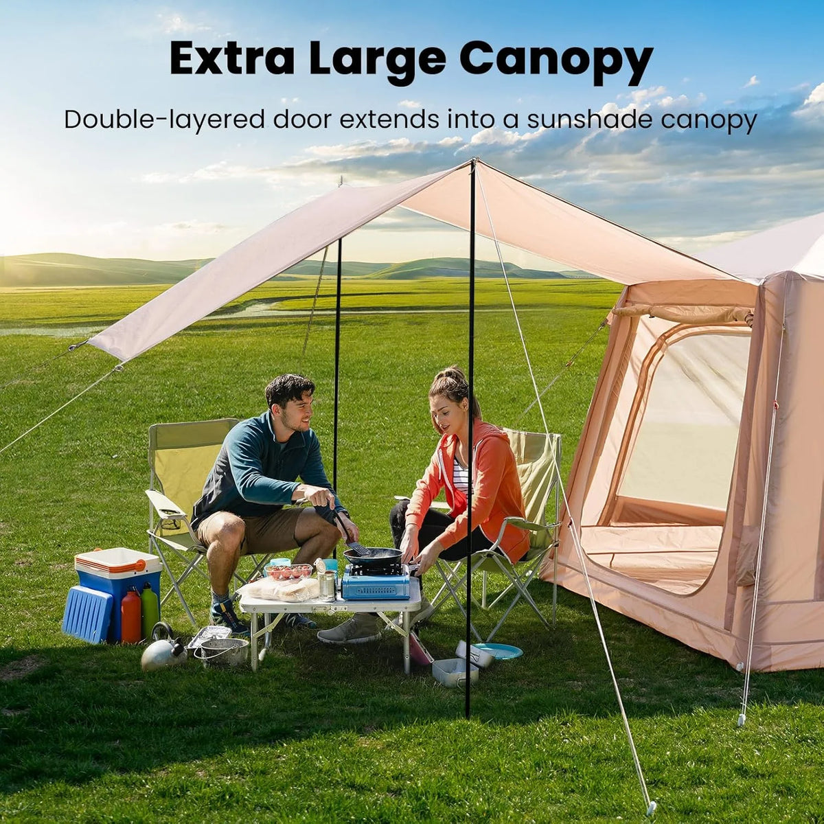Slsy 4-6 Person Inflatable Camping Tents with Hand Pump & Carry Bag, Air Glamping Tents, Easy Setup Waterproof Windproof Blow up Tent, 4 Seasons Oxford Cabin Tent with Mesh & Chimney Window
