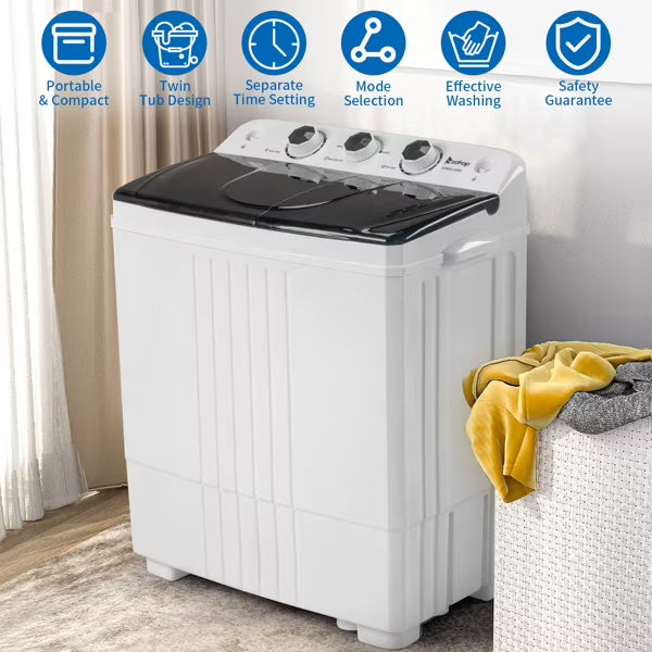 2026 New20Lb Twin Tub Washing Machine w/ Built-In Pump - Semi-Automatic 1300RPM Compact Washer for Apartment, Dorm, RV, Camping, White/Black