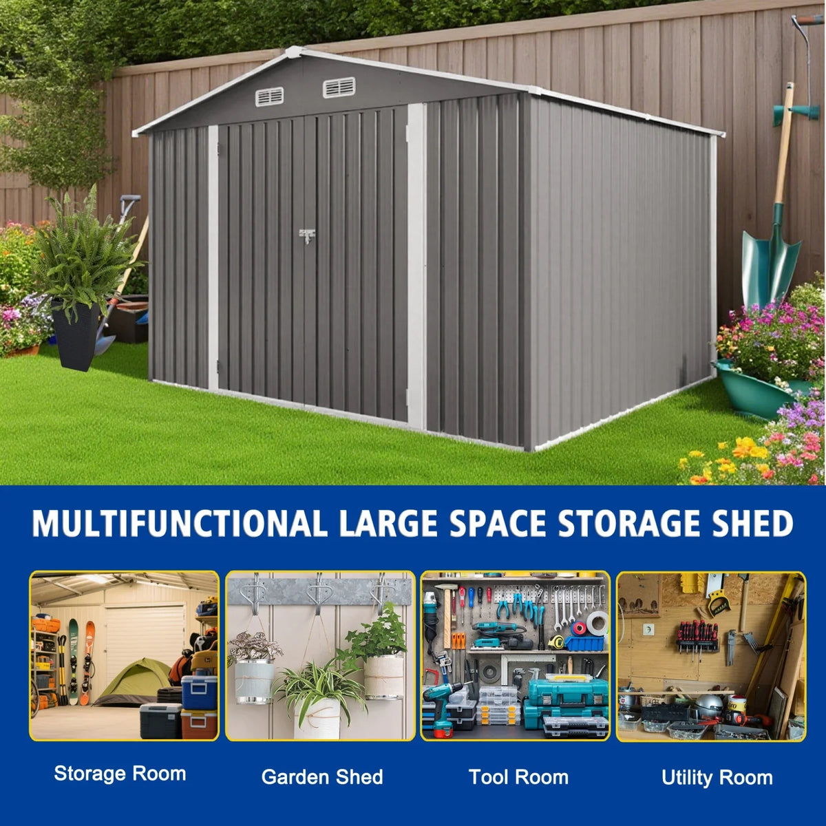 2026 New10 x 8 FT Outdoor Storage Shed, Large Metal Storage Shed, Lockable Door and Air Vent, Clear Window Garden Tool Shed for Bicycles, Tools, Lawnmowers, Backyards, Patios, Lawns - Gray