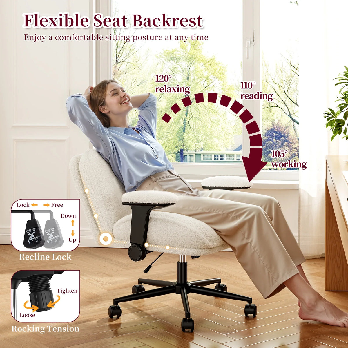 2026 NewRomorgniz Criss Cross Chair with Adjustable Arms & Lumbar Support Office Chair with Reclining Back, Thick Cushion & Wheels for Office, Gaming, Reading, Vanity, Off-White