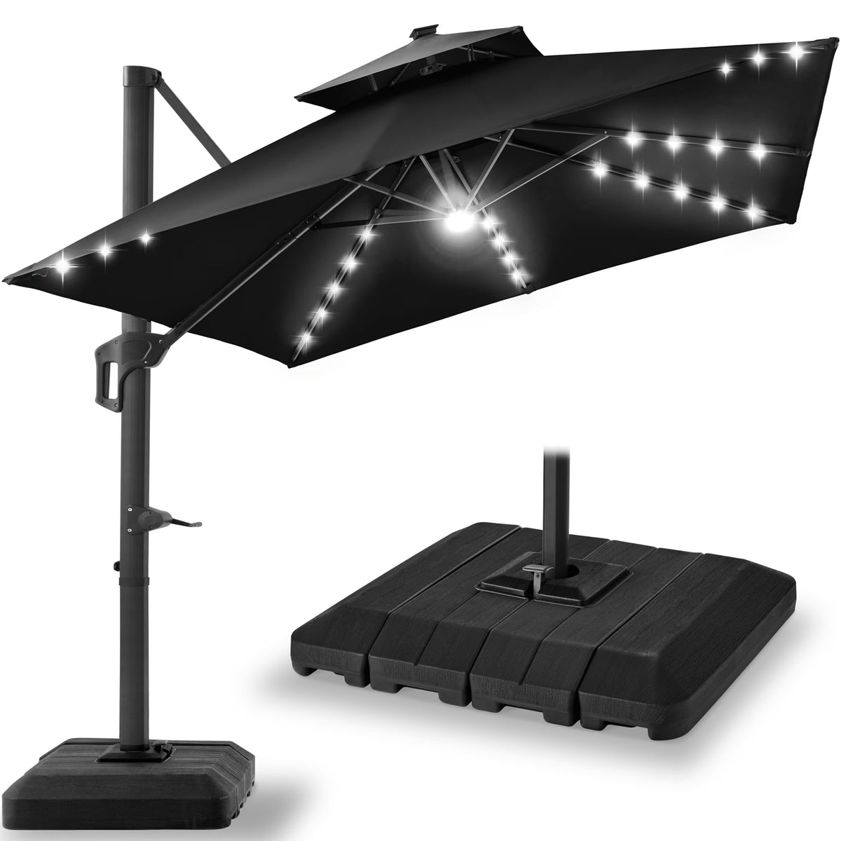 2026 NewBest Choice Products 10x10ft 2-Tier Square Outdoor Solar LED Cantilever Patio Umbrella w/ Base Included - Tan