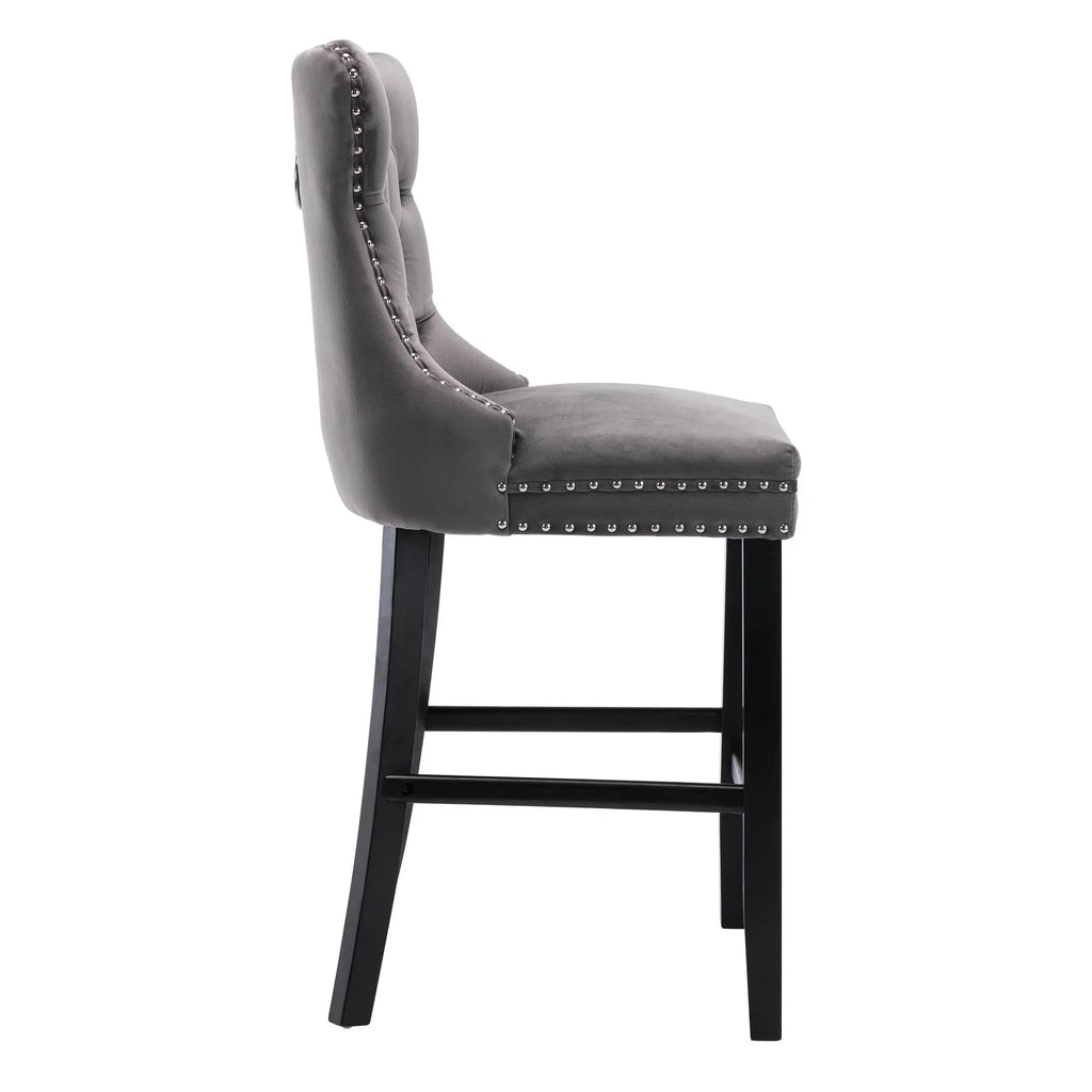 2026 NewVelvet Bar Stools Set of 2, Upholstered Counter Height Bar Chair with Rivet and Button Trim, Bar Stool with Back and Footrest, for Dining Room, Kitchen, Pub, Gray