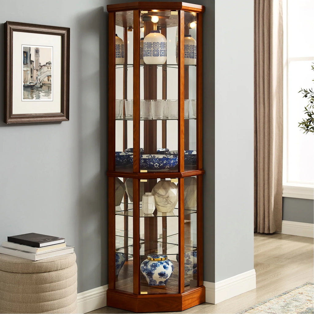 2026 NewWalnut Cabinet With 6 Shelves, Adjustable Glass & Mirrored Back Design Shelf Lighted Corner Curio Shelves In