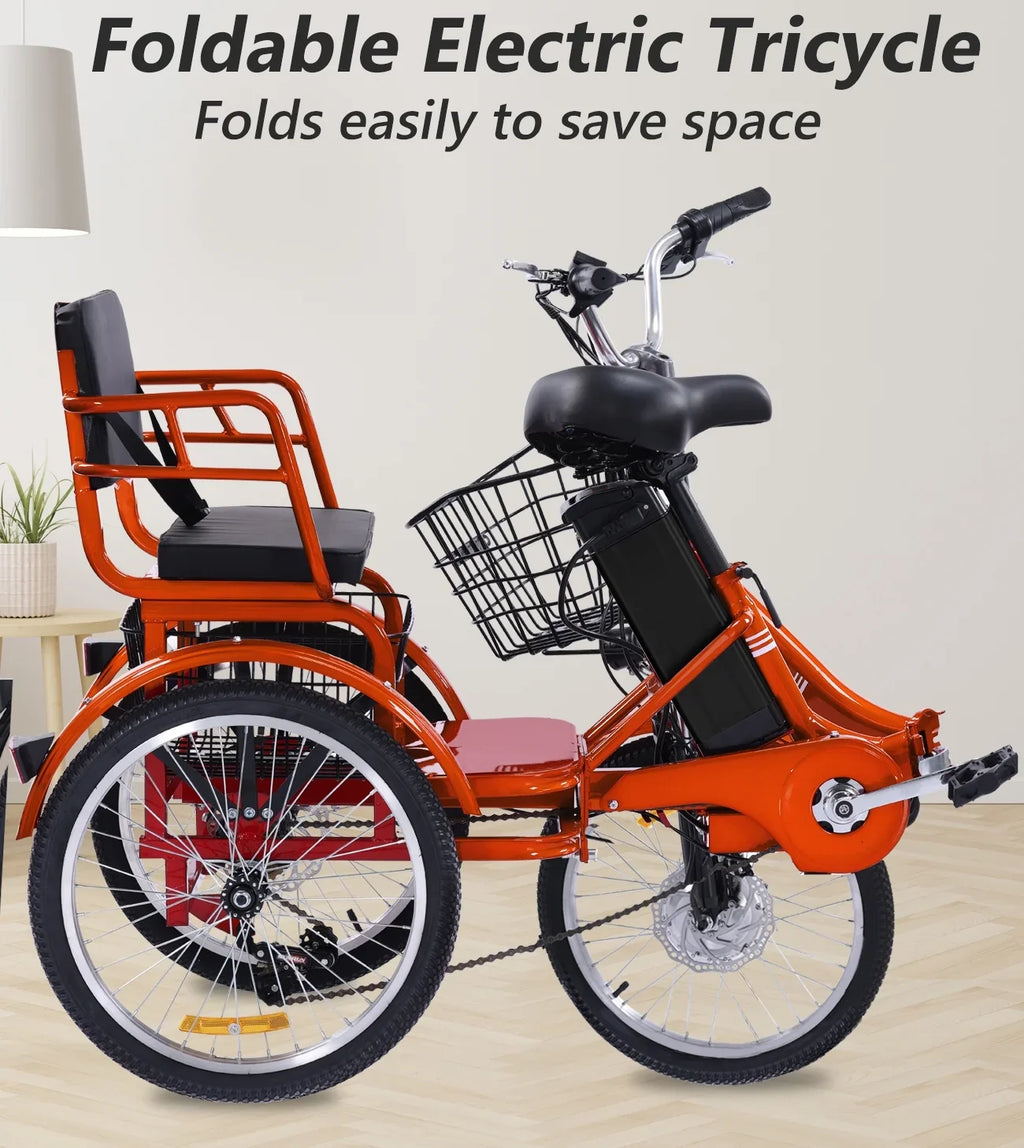 2026 NewNOMIGO Electric Tricycle for Adults Folding Electric Trike 3 Wheel Electric Trike with Two-seater Large Basket Super Powerful Brushless 350W Motor 48V13AH Lithium Battery Max 20MPH E-Tricycle Orange