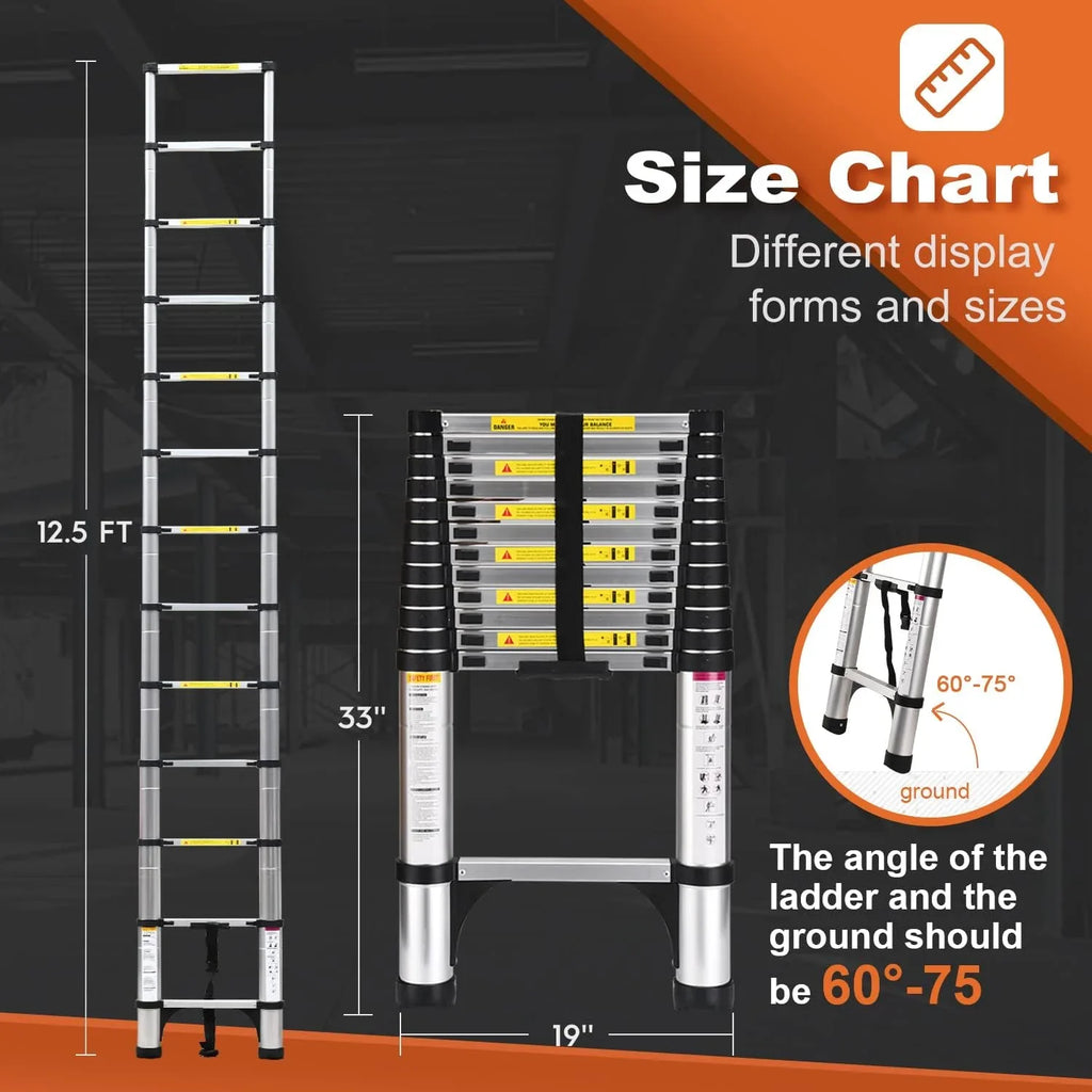 2026 NewHBTower 12.5 FT Telescoping Ladder, Aluminum Lightweight Extension Ladder with 2 Triangle Stabilizers, Heavy Duty 330lbs Max Capacity, Multi-Purpose Collapsible Ladder for RV or Outdoor Work
