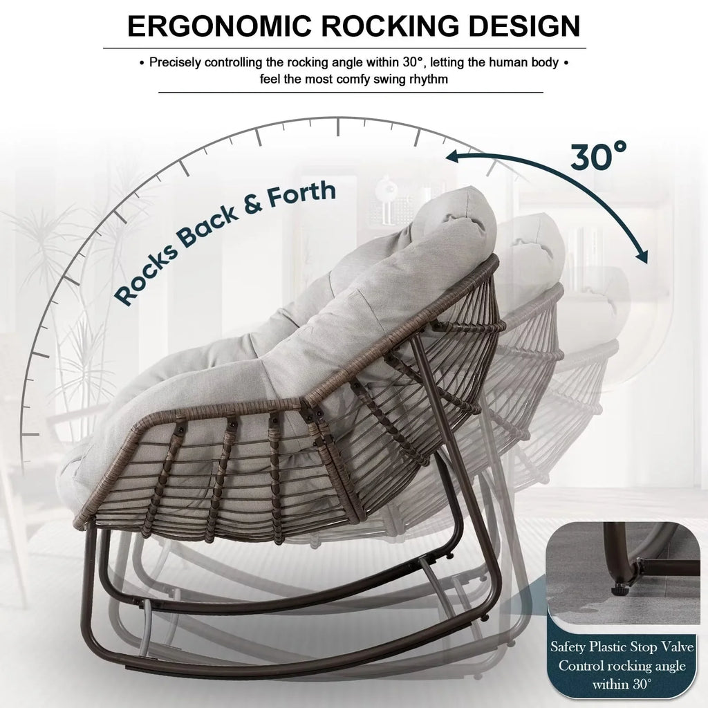 2026 NewOutdoor Papasan Rocking Chair, Patio Oversized Wicker Egg Rocking Chair, Indoor & Outdoor Comfy Rocker Chair with Thick Cushion, Modern Lounge Chair for Front Porch, Garden, Backyard, Grey