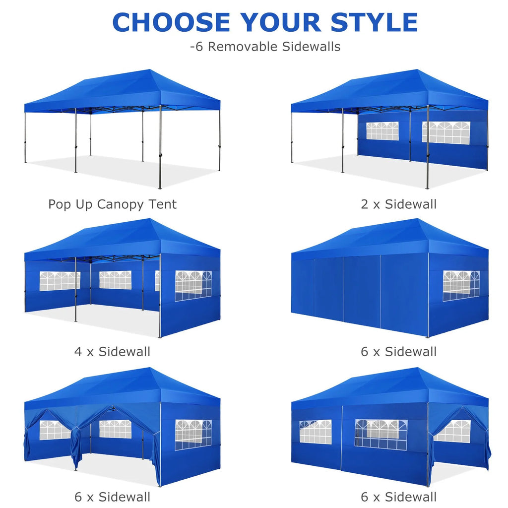 SANOPY 10'x20' Pop Up Canopy Waterproof Folding Tent Outdoor Easy Set-up Instant Tent Heavy Duty Commercial Wedding Party Shelter with 6 Removable Sidewalls, 4 Sandbags, Roller Bag, Black