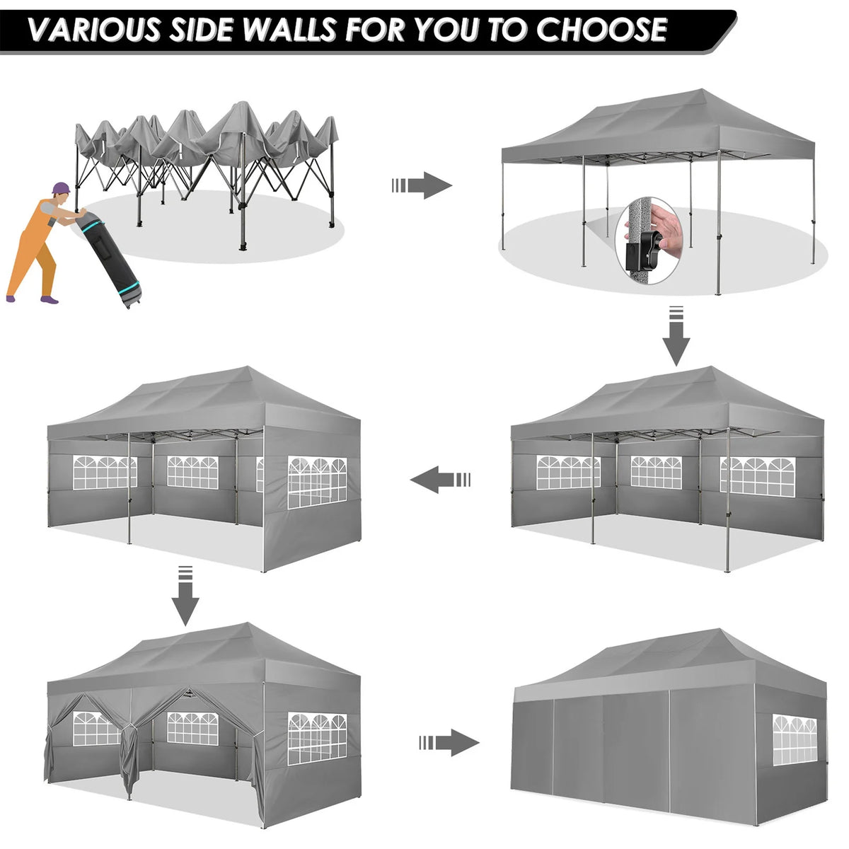 COBIZI 10x20 Heavy Duty Pop up Canopy Tent with 6 sidewalls Easy Up Commercial Outdoor Canopy Wedding Party Tent for Beach All Season Wind & Waterproof Gazebo with Roller Bag,Black(Frame Thickened)