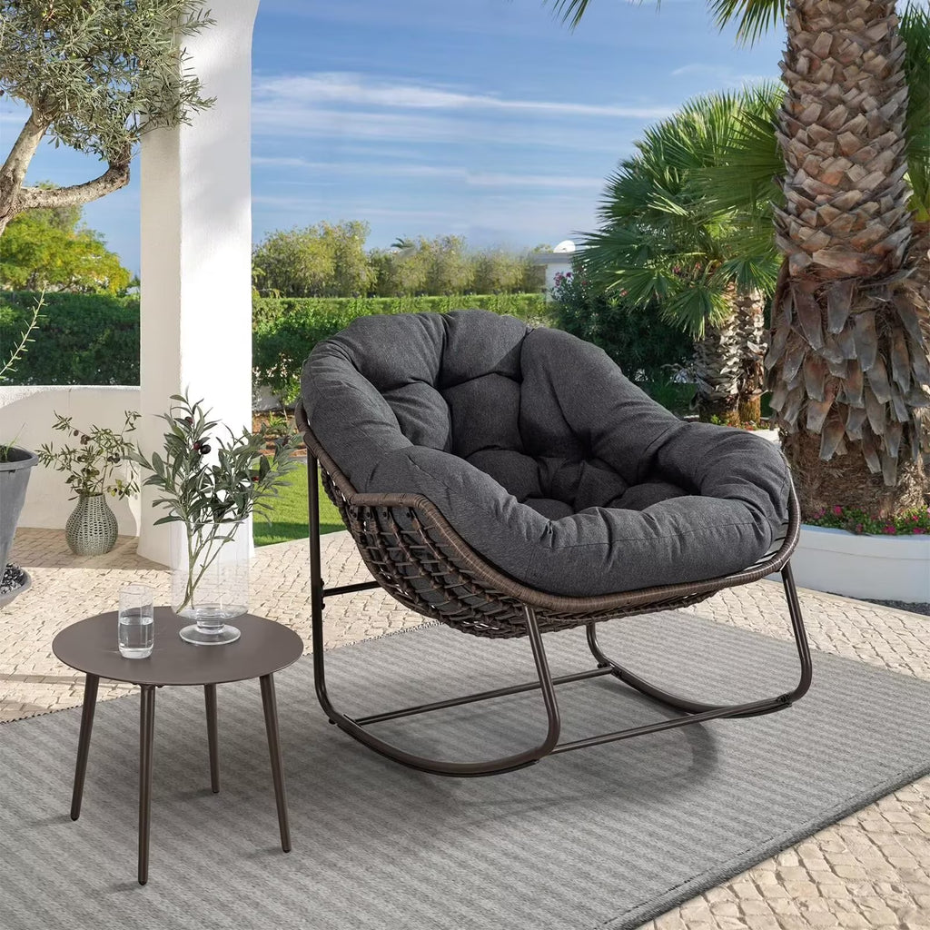 2026 NewOutdoor Papasan Rocking Chair, Patio Oversized Wicker Egg Rocking Chair, Indoor & Outdoor Comfy Rocker Chair with Thick Cushion, Modern Lounge Chair for Front Porch, Garden, Backyard, Grey