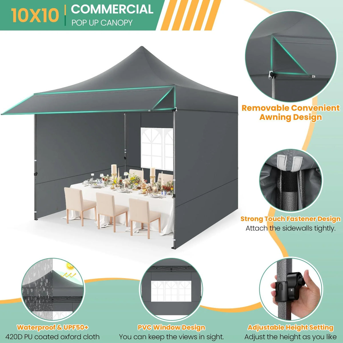 COBIZI 10x20 Pop Up Canopy Heavy Duty Party Tent with Removable Awning and Sidewalls,Easy Up Outdoor Wedding Canopy,Gazebo All Season Windproof&Waterproof with Roller Bag UPF 50+,Black