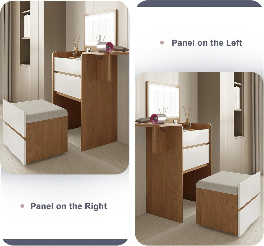2026 NewVanity Desk with Flip Top Lighted Mirror, Compact Makeup Table with Storage Stool, Integrated Vanity with Drawers, 3-in-1 Vanity Set, Small Dressing Desk for Bedroom