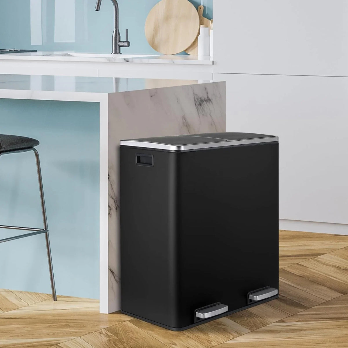 2026 NewLAZY BUDDY Dual Garbage Can, Stainless Steel 16 Gallon Step Kitchen Trash Can with Soft-Close Lid, Double Compartment Garbage Recycling Bin