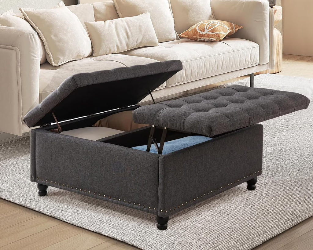 2026 NewMagic Union 35" Large Square Storage Ottoman, Oversized Square Ottoman with Storage, Tufted Upholstered Ottoman Coffee Table with Lift Top for Living Room (Beige)