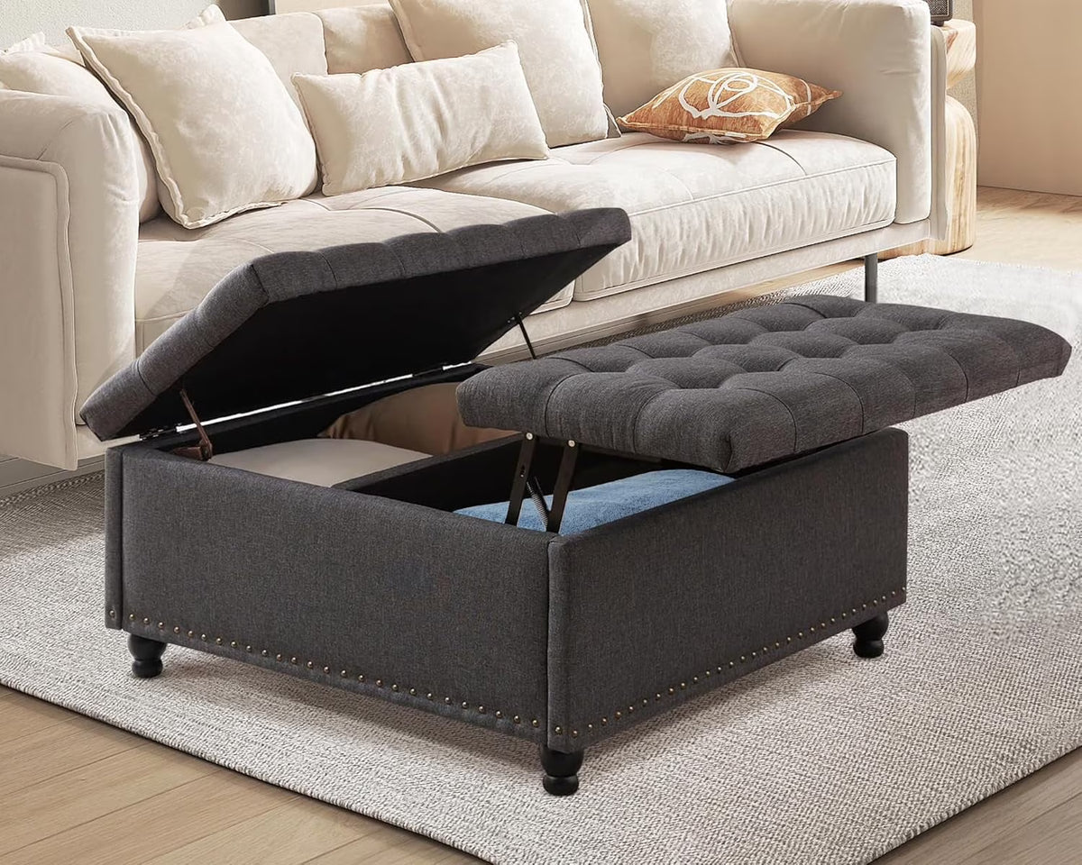 2026 NewMagic Union 35" Large Square Storage Ottoman, Oversized Square Ottoman with Storage, Tufted Upholstered Ottoman Coffee Table with Lift Top for Living Room (Beige)