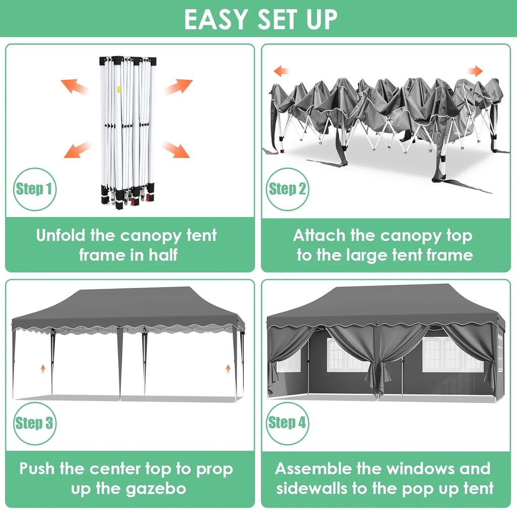 LAZY BUDDY 10'x20' Pop up Canopy Tent with 6 Sidewalls, Heavy Duty Outdoor Canopy Tent Commercial Instant Folding Sun Shelter for Party, Wedding, Camping