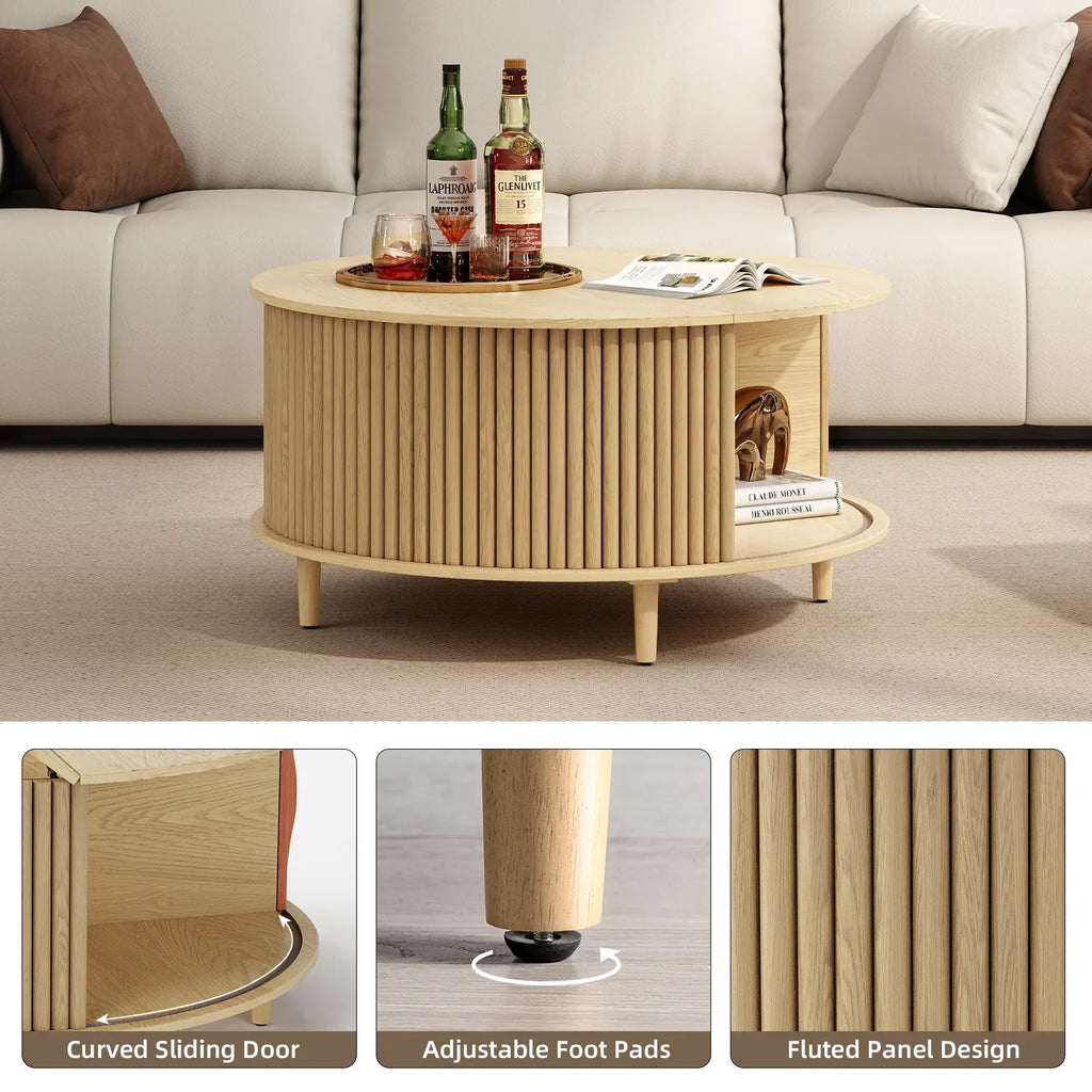 2026 NewJOINICE Round Coffee Table with Storage and Sliding Door,Mid Century Modern Wooden Center Table,for Living Room,Walnut
