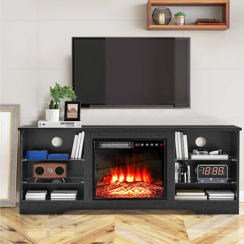 Waleaf Fireplace TV Stand with 18'' Fireplace for TVs up to 65 inch, Two Adjustable Glass Shelves