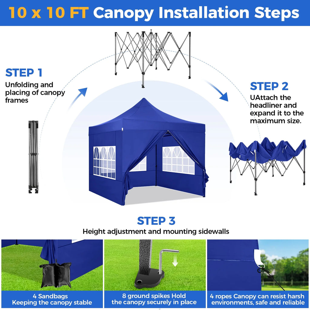 SANOPY 10'x20' Pop Up Canopy Waterproof Folding Tent Outdoor Easy Set-up Instant Tent Heavy Duty Commercial Wedding Party Shelter with 6 Removable Sidewalls, 4 Sandbags, Roller Bag, Black