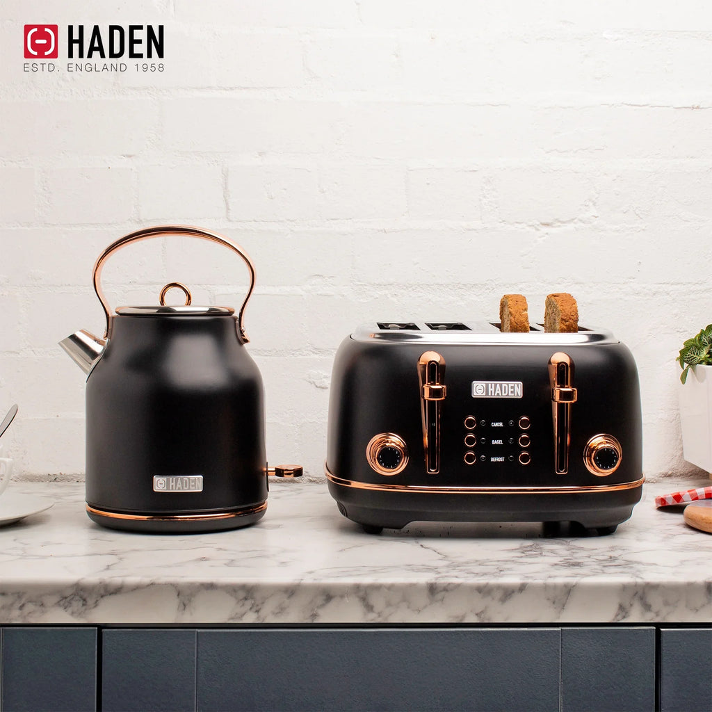 2026 NewHaden Heritage 1500 1.7 Electric Kettle, Matte Black Finish with Copper Accents
