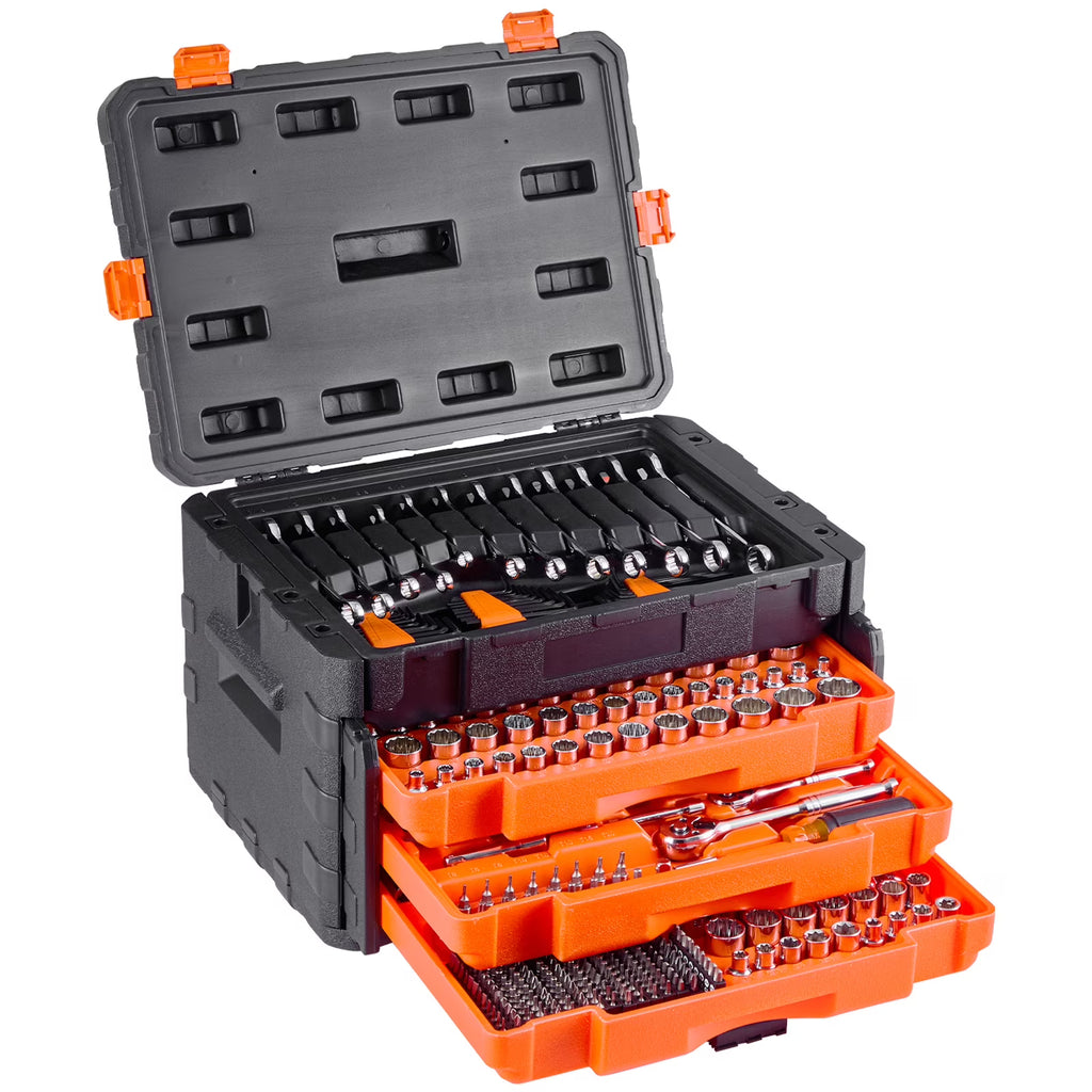 VEVOR Mechanics Tool Set and Socket Set,450 Pcs, 1/4, 3/8 and 1/2 inch Drive Deep and Standard Sockets, SAE Metric Mechanic Tool Kit with Bits, Wrenches, Accessories, Storage Case with Orange Drawer