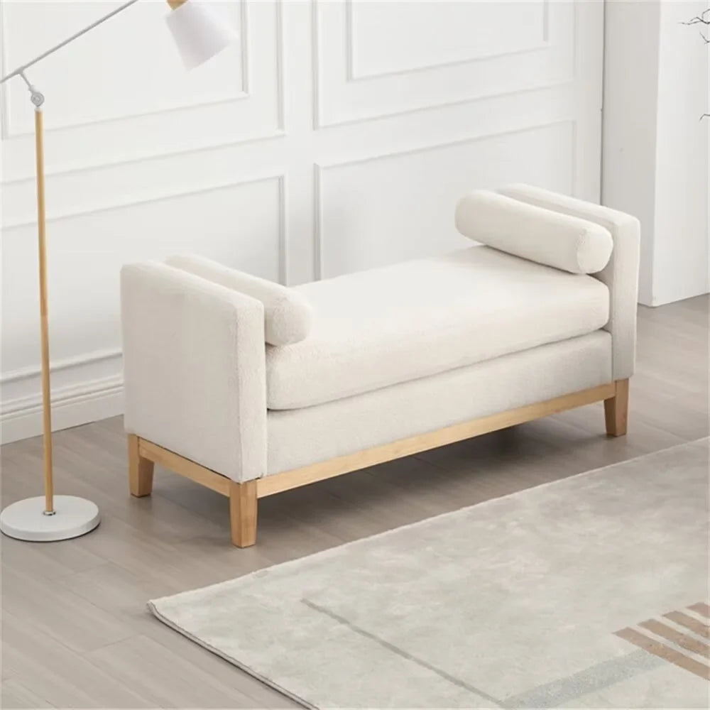 2026 NewEnd of Bed Bench, 53.5" Boucle Fabric Upholstered Entryway Bench with Wood Legs & Bolster Pillows, Rolled Arm Cushioned Ottoman Foot Rest Long Stool Window Extra Seating for Bedroom, Ivory