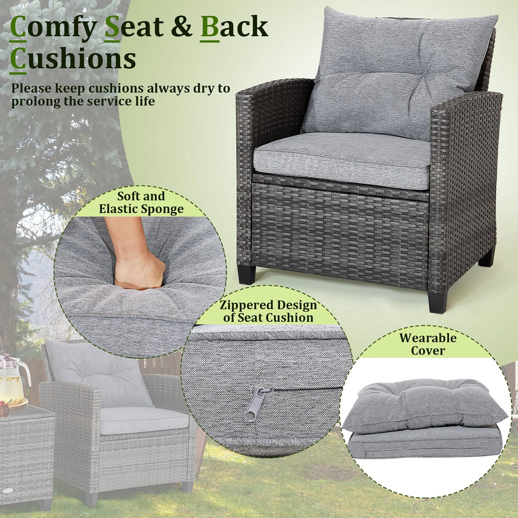 2026 NewGymax 3PCS Patio Rattan Sofa Set Outdoor Wicker Conversation Set Glass Tabletop w/ Grey Cushion