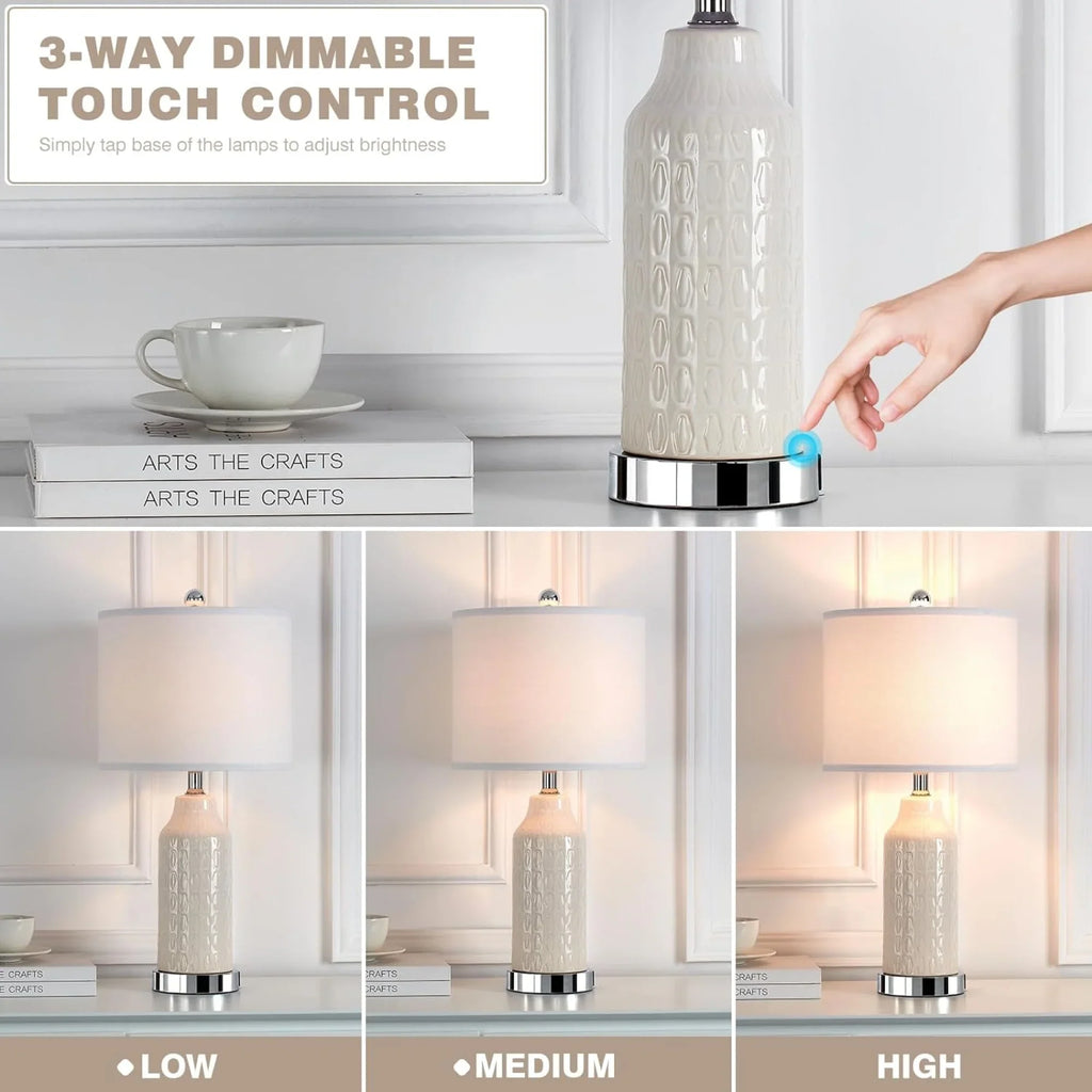 2026 NewCinkeda Table Lamp Set of 2 for Living Room Bedroom with USB Ports AC Outlet 3 Way Dimmable Touch Nightlight Farmhouse White Floral Nightstand Bedside Lamps