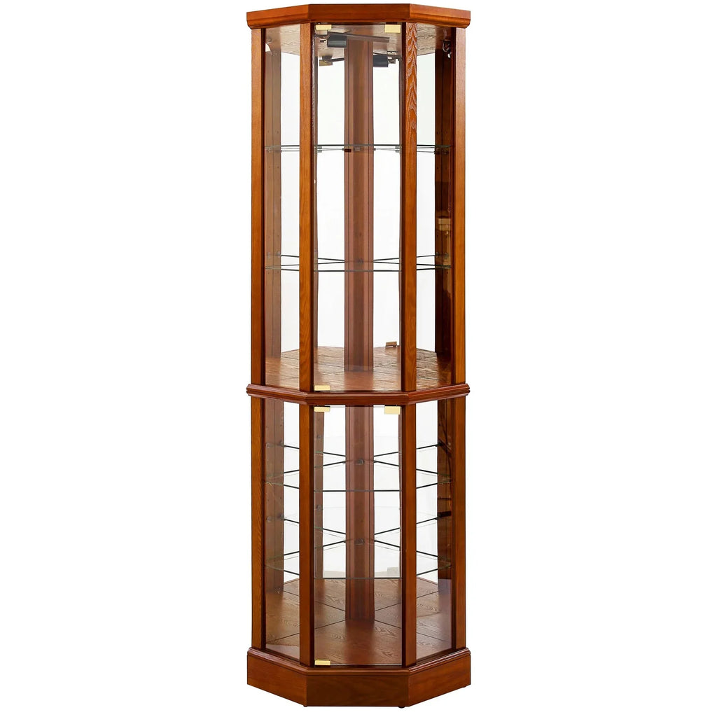 2026 NewWalnut Cabinet With 6 Shelves, Adjustable Glass & Mirrored Back Design Shelf Lighted Corner Curio Shelves In