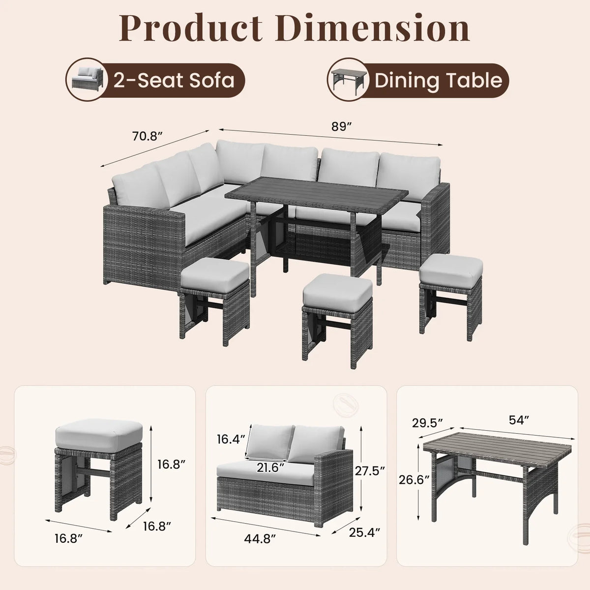 2026 NewAECOJOY 7 Piece Patio Furniture Set PE Rattan Outdoor Dining Set Sectional Sofa Couch with Table Patio Conversation Set in Gray
