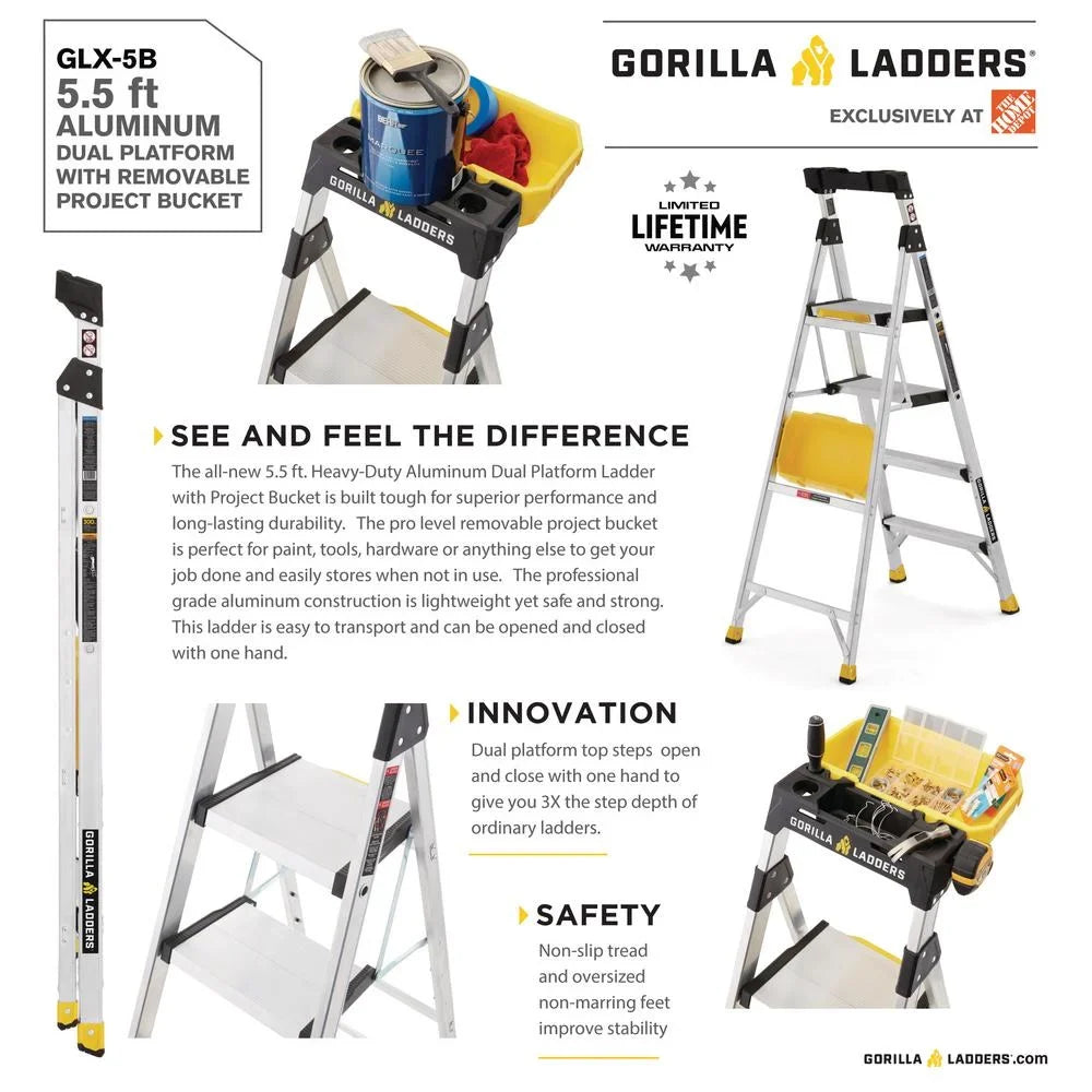 2026 NewGorilla Ladders Removable Dual Platform Heavy Duty Ladder With Project Bucket, 5.5 ft, Aluminum, Multicolor
