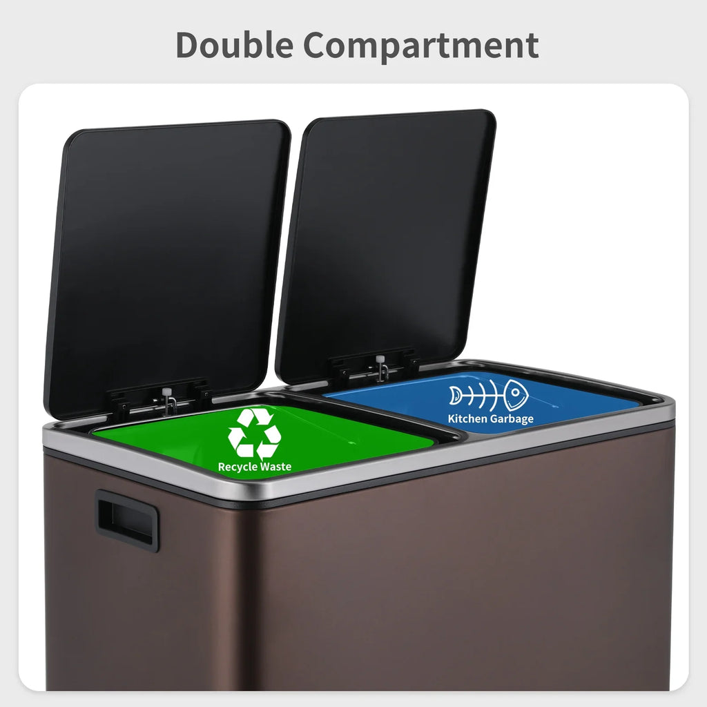 2026 NewLAZY BUDDY Dual Garbage Can, Stainless Steel 16 Gallon Step Kitchen Trash Can with Soft-Close Lid, Double Compartment Garbage Recycling Bin