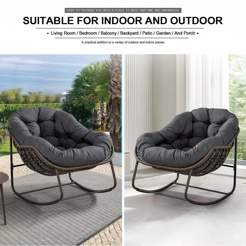 2026 NewOutdoor Papasan Rocking Chair, Patio Oversized Wicker Egg Rocking Chair, Indoor & Outdoor Comfy Rocker Chair with Thick Cushion, Modern Lounge Chair for Front Porch, Garden, Backyard, Grey
