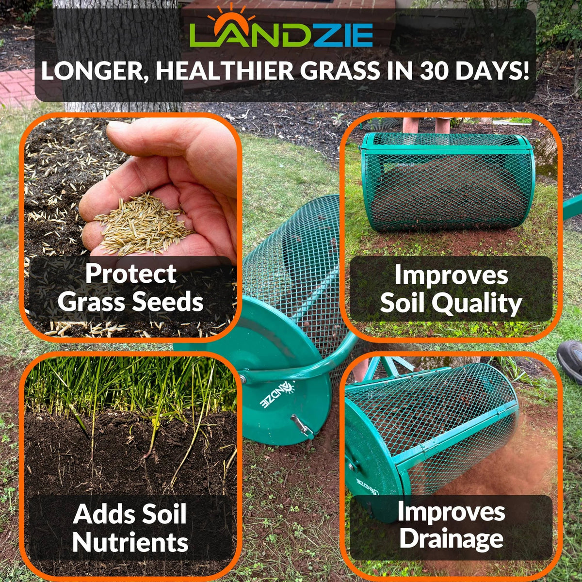 2026 NewLandzie Compost Spreader 24 Inch Walk-Behind Lawn & Garden Spreader with Metal Mesh Basket