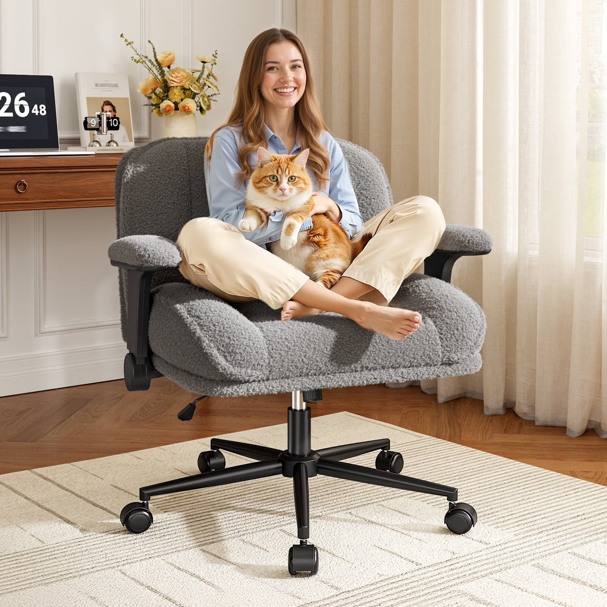 2026 NewRomorgniz Criss Cross Chair with Adjustable Arms & Lumbar Support Office Chair with Reclining Back, Thick Cushion & Wheels for Office, Gaming, Reading, Vanity, Off-White