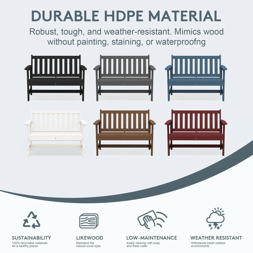 2026 NewSERWALL Outdoor Bench for 2-Person, Weather-Resistant HDPE with Aluminum Reinforcement, Supports 660 lbs, Comfortable Seating for Patio, Garden, and Porch, Black