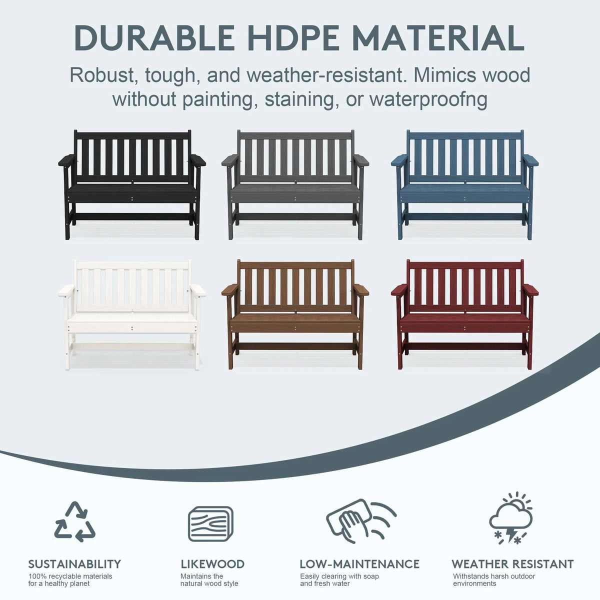 2026 NewSERWALL Outdoor Bench for 2-Person, Weather-Resistant HDPE with Aluminum Reinforcement, Supports 660 lbs, Comfortable Seating for Patio, Garden, and Porch, Black