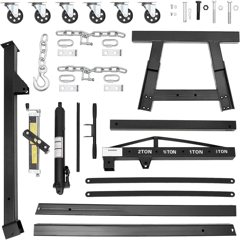 Mescukay 2 Ton Engine Hoist with Lever, 4000 lbs Heavy Duty Folding Cherry Picker Engine Lift Hydraulic Tilting Engine Shop Crane with 6 Iron Caster Wheels Telescopic Boom Hitch
