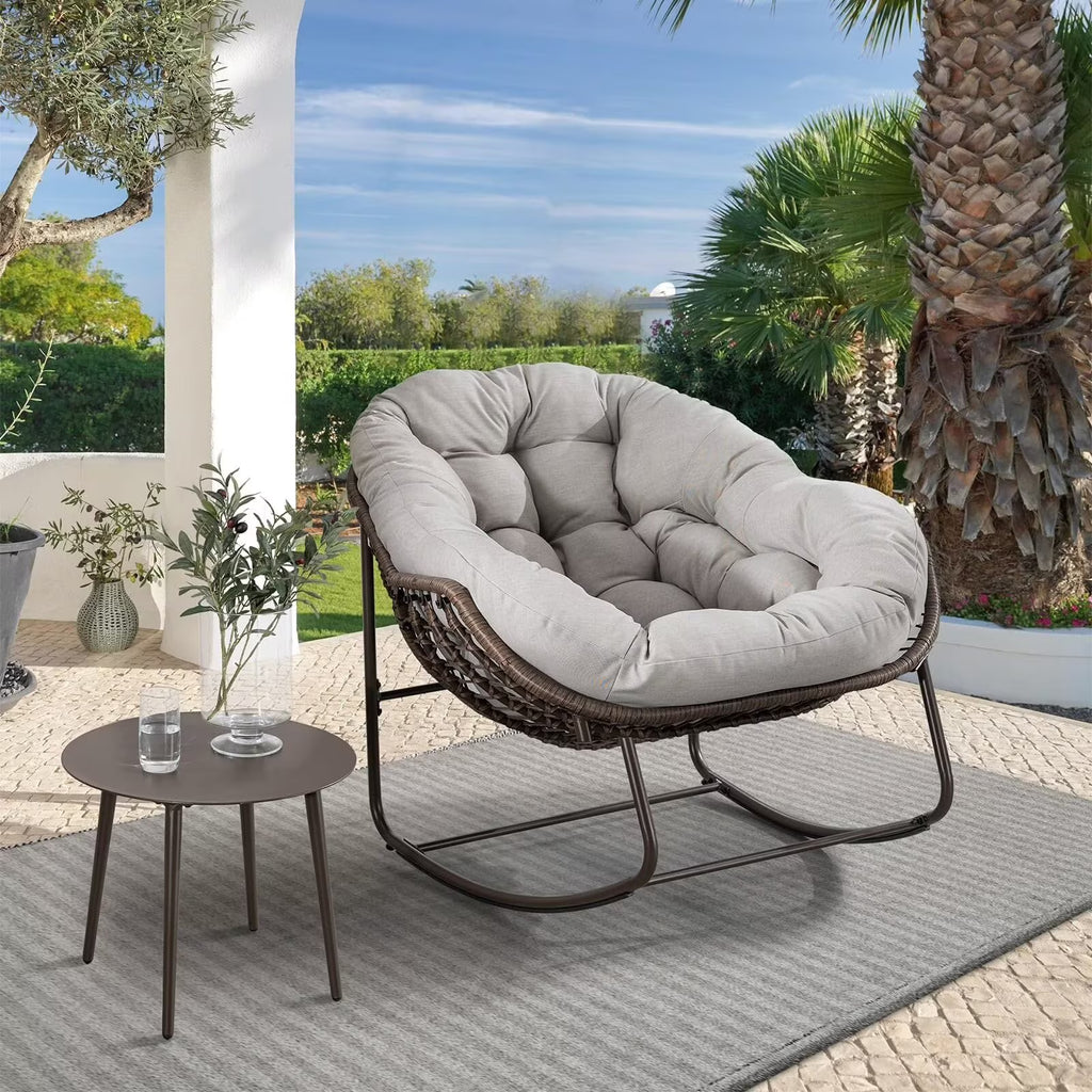 2026 NewOutdoor Papasan Rocking Chair, Patio Oversized Wicker Egg Rocking Chair, Indoor & Outdoor Comfy Rocker Chair with Thick Cushion, Modern Lounge Chair for Front Porch, Garden, Backyard, Grey
