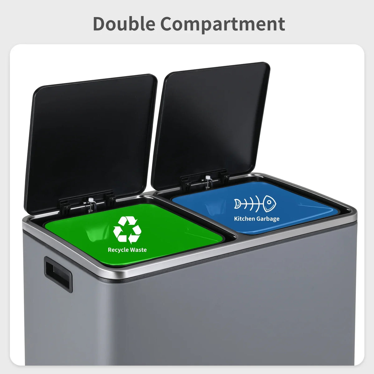 2026 NewLAZY BUDDY Dual Garbage Can, Stainless Steel 16 Gallon Step Kitchen Trash Can with Soft-Close Lid, Double Compartment Garbage Recycling Bin
