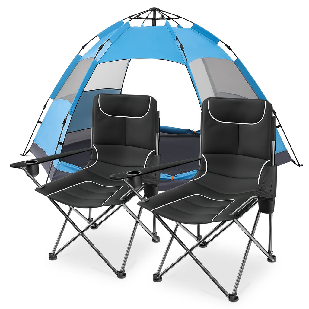 MADOG Set of 3 Camping Tent + Chairs, 4 Person Dome Tent and 2 Foldable Camping Chairs Combo with Cooler Bag and Cup Holder for Backpacking Hiking Traveling, Blue