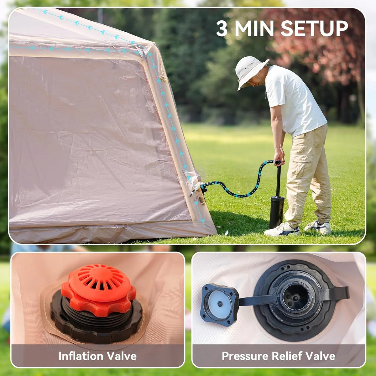 Zikebtuy 2/6/8 Person Inflatable Camping Tent, Easy Setup Blow Up Air Tent with Hand Pump, Waterproof 4-Season Glamping Tent with Large Mesh Windows & Oversized Canopy for Couples, Group & Family