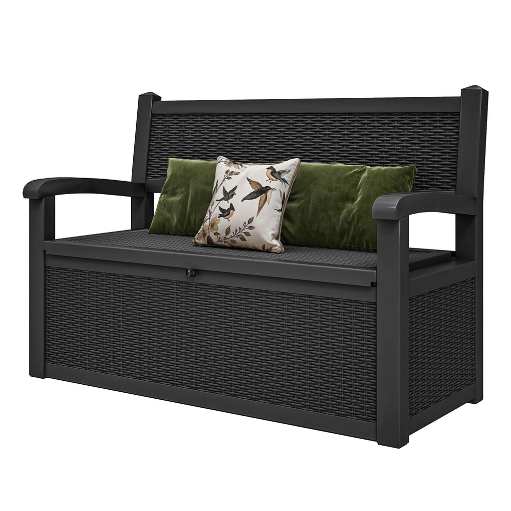 2026 NewModFusion 70-Gallon Outdoor Resin Storage Cabinet with Rattan Backrest – Waterproof Patio Bench Seat, 500 lbs Capacity, Black