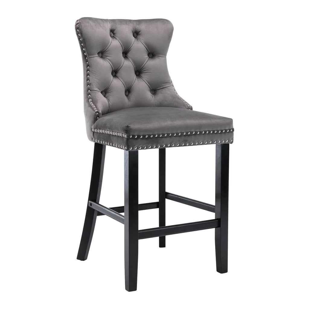 2026 NewVelvet Bar Stools Set of 2, Upholstered Counter Height Bar Chair with Rivet and Button Trim, Bar Stool with Back and Footrest, for Dining Room, Kitchen, Pub, Gray