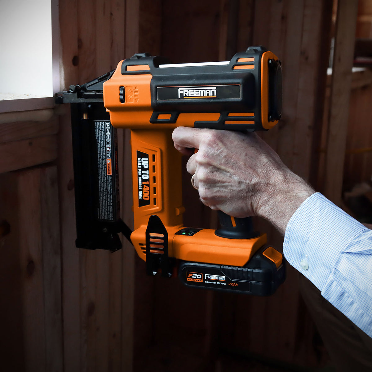 Freeman PE20V2118G2 20 Volt Cordless 2-in-1 18-Gauge Nailer / Stapler Kit with Lithium Ion Battery, Charger, Bag, and Fasteners (400 Count) -C 1400 Shots per Charge