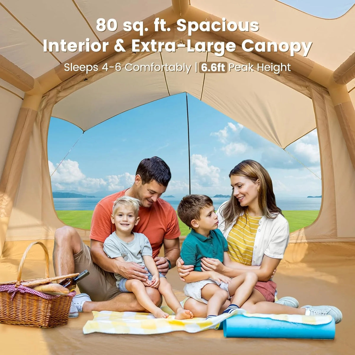 Zikebtuy 2/6/8 Person Inflatable Camping Tent, Easy Setup Blow Up Air Tent with Hand Pump, Waterproof 4-Season Glamping Tent with Large Mesh Windows & Oversized Canopy for Couples, Group & Family