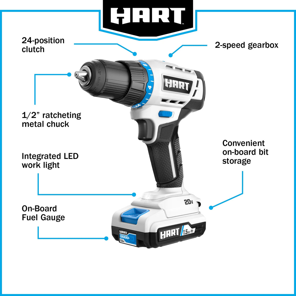 HART 20-Volt 1/2-inch Cordless Drill/Driver Kit, (1) 1.5Ah Lithium-Ion Battery, Gen 2
