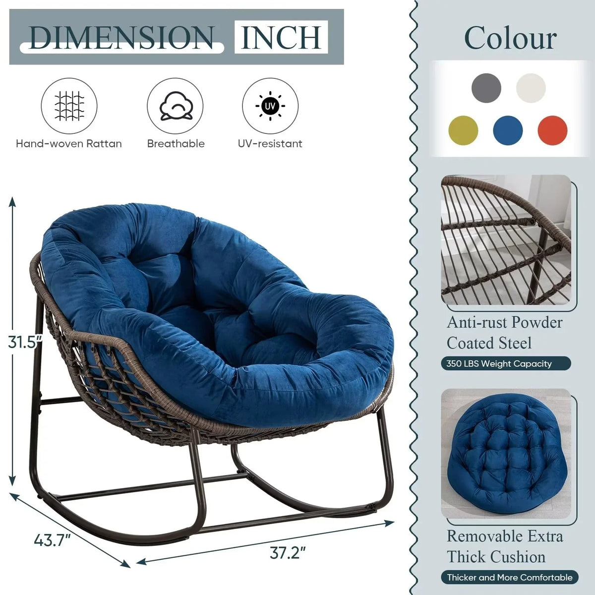 2026 NewOutdoor Papasan Rocking Chair, Patio Oversized Wicker Egg Rocking Chair, Indoor & Outdoor Comfy Rocker Chair with Thick Cushion, Modern Lounge Chair for Front Porch, Garden, Backyard, Grey